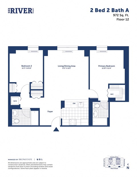 Floor plan for 2 beds, 2 baths, 972 sqft